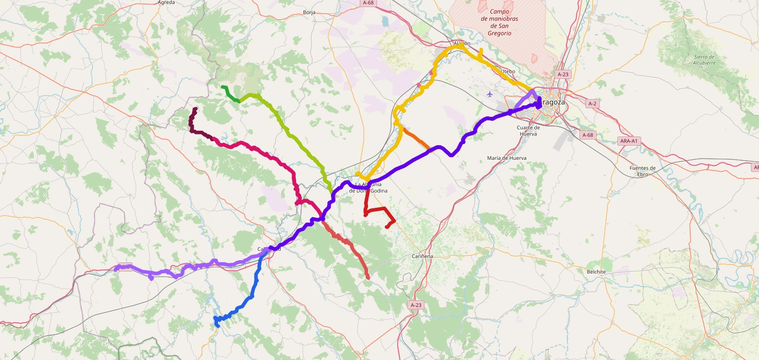 Mapa con las nuevas líneas de autobús a partir de 2024 que tendrán parada en La Almunia de Doña Godina. La DGA retrasa el nuevo sistema de autobuses a la primera mitad de 2024.